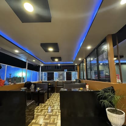 Cozy indoor dining area with warm lighting